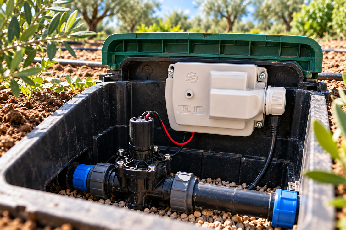 Programmatore a batteria collegato a un'elettrovalvola per irrigazione in un pozzetto