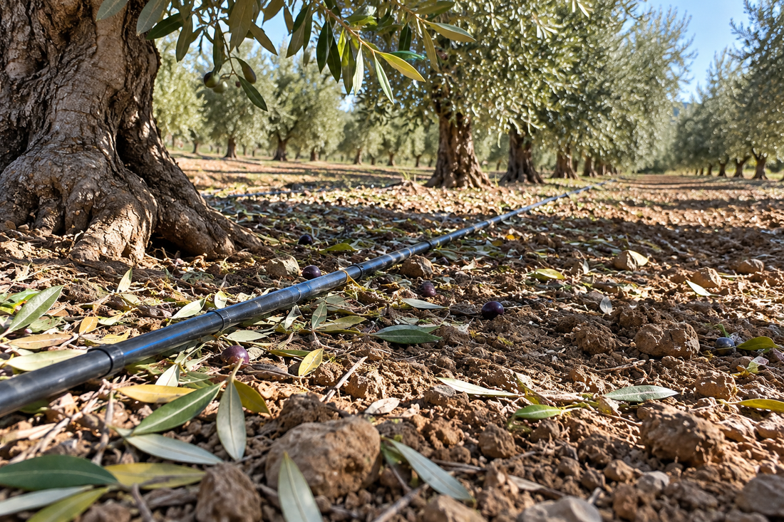 Ala gocciolante tra i filari di un uliveto dopo la raccolta delle olive