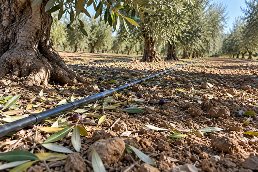 Ala gocciolante tra i filari di un uliveto dopo la raccolta delle olive