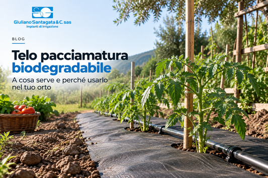 Telo pacciamatura biodegradabile per orto con irrigazione a goccia