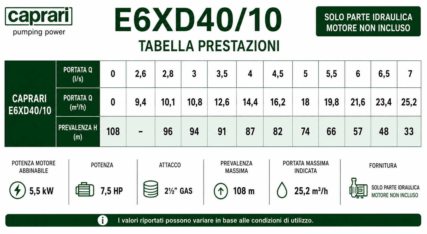 Pompa Sommersa Caprari Serie E6XD –  E6XPD - 6" - Solo Pompa Senza Motore