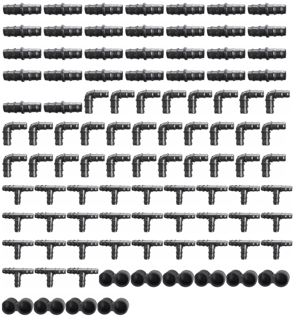 Kit 100 Raccordi Irrigazione a Goccia 20mm – 30 Manicotti a giunzione, 30 Tee, 30 Curve, 10 Tappi Fine Linea – Compatibile Tubo Polietilene 20 mm – Facile Installazione