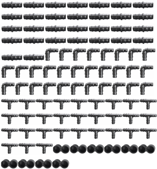 Kit 100 Raccordi Irrigazione a Goccia 20mm – 30 Manicotti a giunzione, 30 Tee, 30 Curve, 10 Tappi Fine Linea – Compatibile Tubo Polietilene 20 mm – Facile Installazione