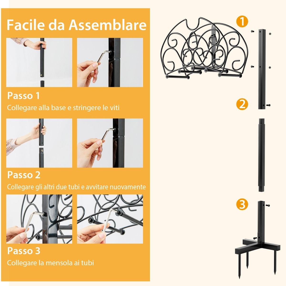 Porta Tubo Staccabile in Metallo Con 3 Punti Di Ancoraggio, Supporto per Tubo Da Giardino Prato Cortile Nero