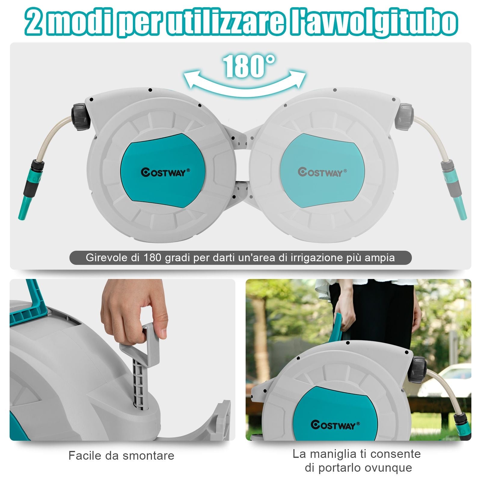 Avvolgitore Retrattile per Tubo Da Giardino 19,5 M X 1,27 Cm, Avvolgitore per Tubo Montato a Muro Girevole