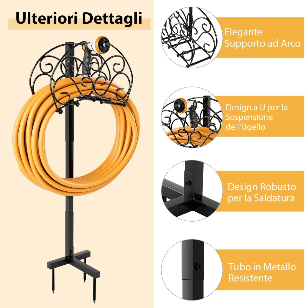 Porta Tubo Staccabile in Metallo Con 3 Punti Di Ancoraggio, Supporto per Tubo Da Giardino Prato Cortile Nero